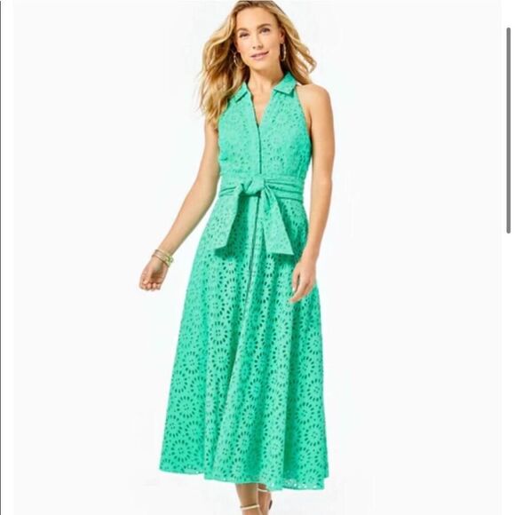 Lilly Pulitzer Dress Size 4 Mint Green Halter Eyelet Lace Midi Collared Resort - Picture 1 of 6